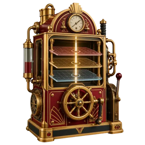 Art Deco industrial machine showing layered cache inspection and a central purge control wheel
