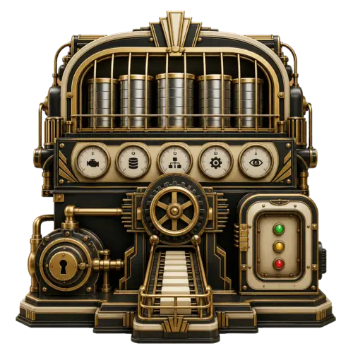 Art Deco industrial MCP Abilities - Database machine with protected database cylinders, five health gauges, a logical table route, a network lock, and a three-state verification chamber.