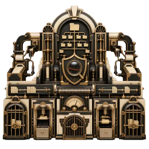Art Deco industrial MCP Abilities - Filesystem machine with a protected file vault, directory tree, read and write channels, copy and move rails, deletion chambers, and a security inspection shield.