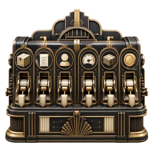 Art Deco industrial store operations machine with six channels for products, orders, customers, reports, shipping, and payments