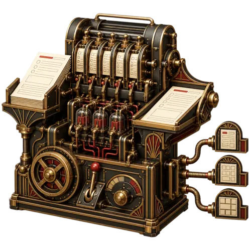 Art Deco industrial MCP Abilities - Formidable machine routing form sheets through field controls, action relays and usage conduits