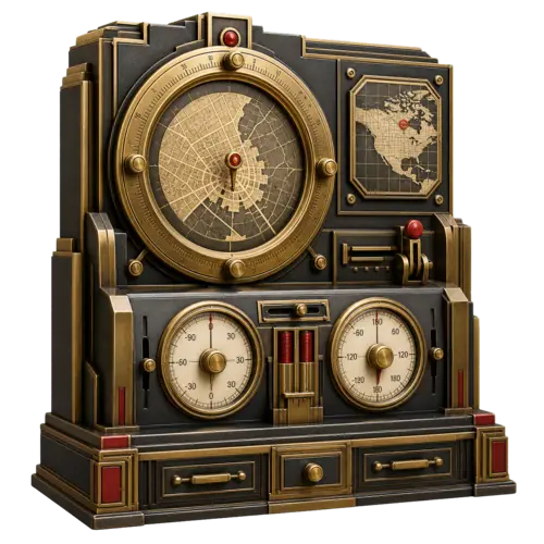 Art Deco coordinate maintenance console with a map dial and latitude and longitude gauges