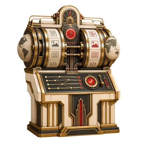 Art Deco industrial translation mapping machine representing MCP Abilities - SitePress for WPML relationships and integrity checks