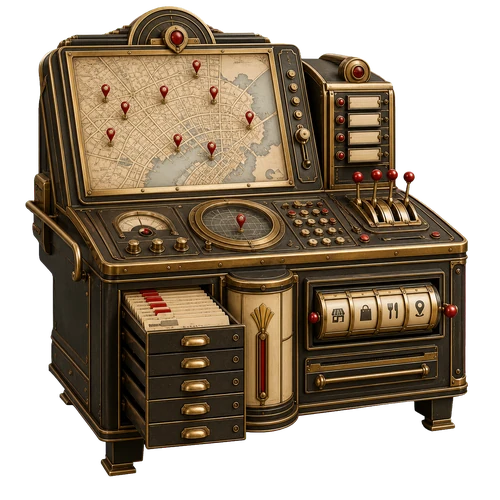 Art Deco Store Locator machine with a map, location pins, record drawers, and category controls