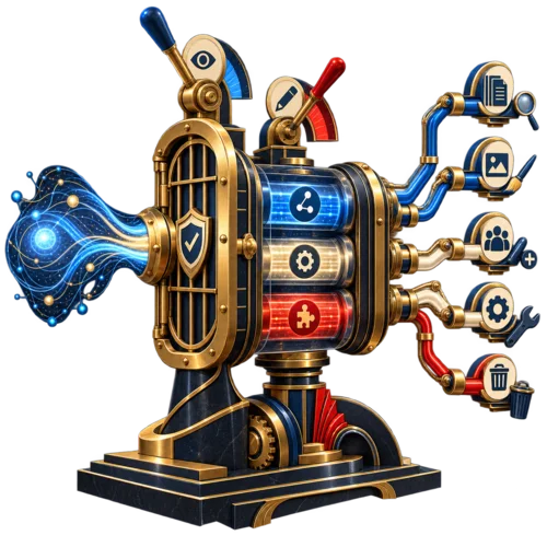 Art Deco illustration of an AI signal passing through a permission gate into three controlled WordPress operation channels.
