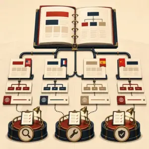 Art Deco illustration of multilingual WordPress publishing architecture with connected language pages, routes, menus, and review checkpoints