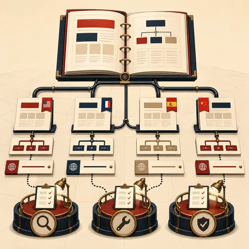 Art Deco illustration of multilingual WordPress publishing architecture with connected language pages, routes, menus, and review checkpoints