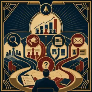 Art Deco illustration of a business problem branching into search, paid traffic, content, and conversion paths before reaching measurable enquiries