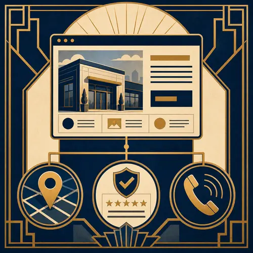 Art Deco illustration of a business website connected to location, trust, and contact signals
