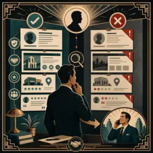 Illustration of a name search, profiles, and reviews being checked for trust before first contact