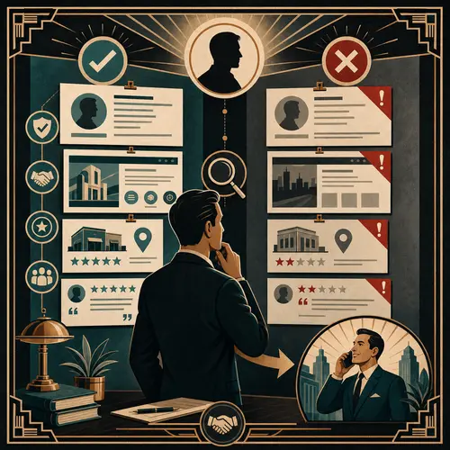 Illustration of a name search, profiles, and reviews being checked for trust before first contact