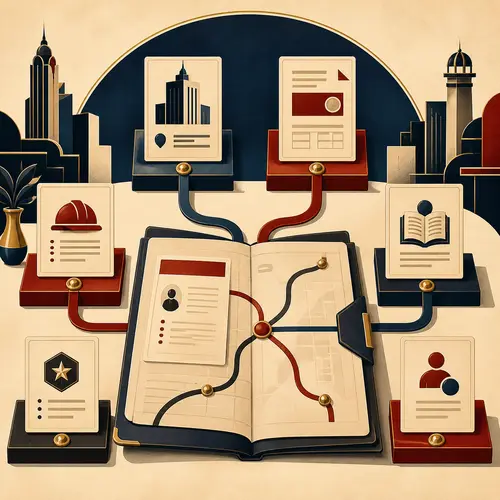 Art Deco illustration of a page-routing machine sorting website documents into clear destinations