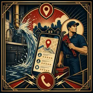 Art Deco illustration of a burst pipe, local search map, plumber, reviews, and an immediate phone call