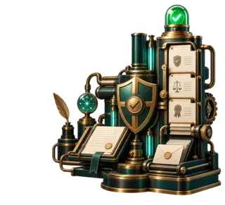 Art Deco trust and policy machine with a brass ledger, shield, document plates, an envelope, and an approval light