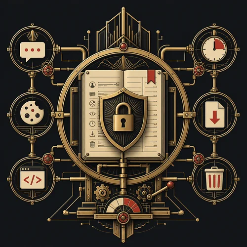 Art Deco privacy instrument showing a protected ledger, data controls, and export and deletion rights