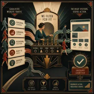 Illustration of visitor intent being filtered for fit and directed to a website enquiry