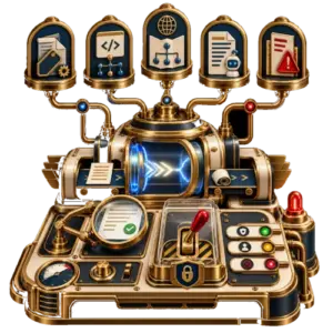 Art Deco SEO control console routing one named metadata or redirect operation through review