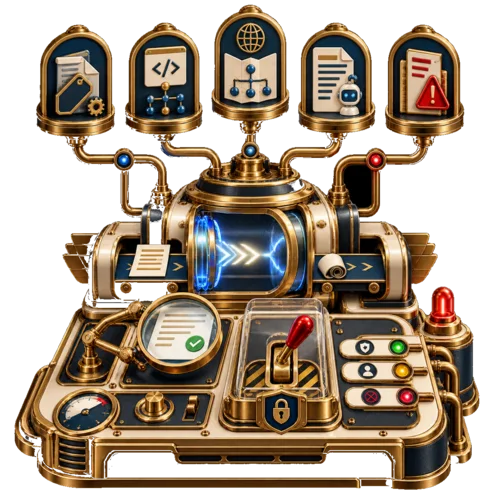 Art Deco SEO control console routing one named metadata or redirect operation through review