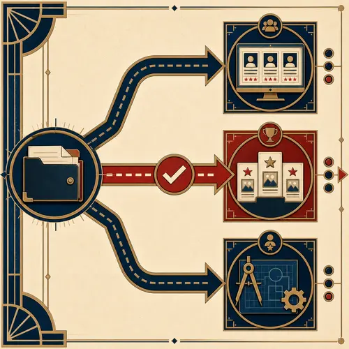 Art Deco route map comparing a freelancer marketplace, a design contest, and a specialist path from one project brief