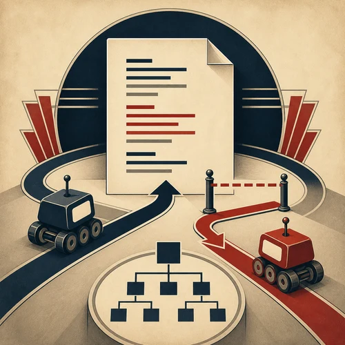 Art Deco illustration of a robots text file guiding crawlers along allowed and blocked paths toward a sitemap