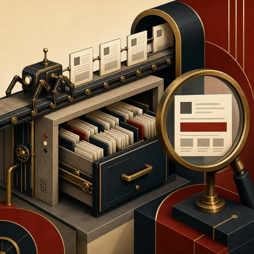 Art Deco illustration of a web crawler moving pages into an organized search index and presenting a result through a magnifying lens