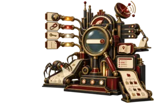 Art Deco search and SEO machine with a magnifying lens, connected signals, a sitemap ribbon, and a web crawler
