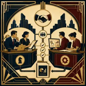 Art Deco illustration of two SEO agency teams sharing a client brief, delivery work, quality checks, and reporting