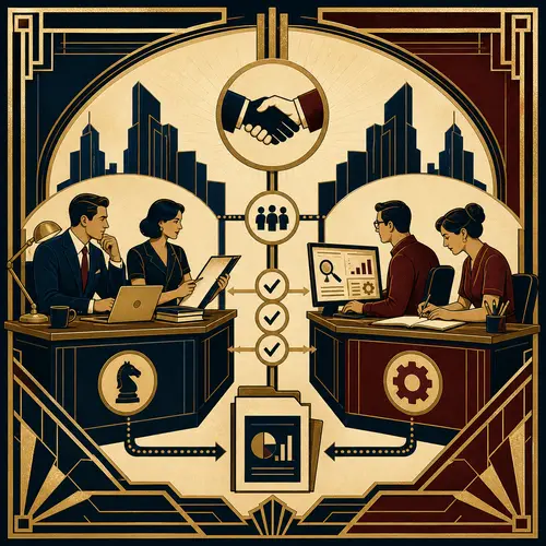 Ilustración art déco de dos equipos de agencias SEO compartiendo un briefing de cliente, trabajo de entrega, controles de calidad e informes