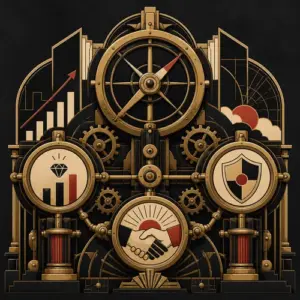 Art Deco instrument representing clear incentives, site protection, and honest promises in long-term SEO work