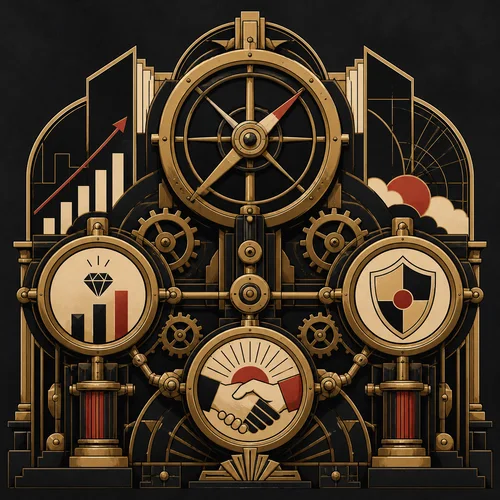 Art Deco instrument representing clear incentives, site protection, and honest promises in long-term SEO work