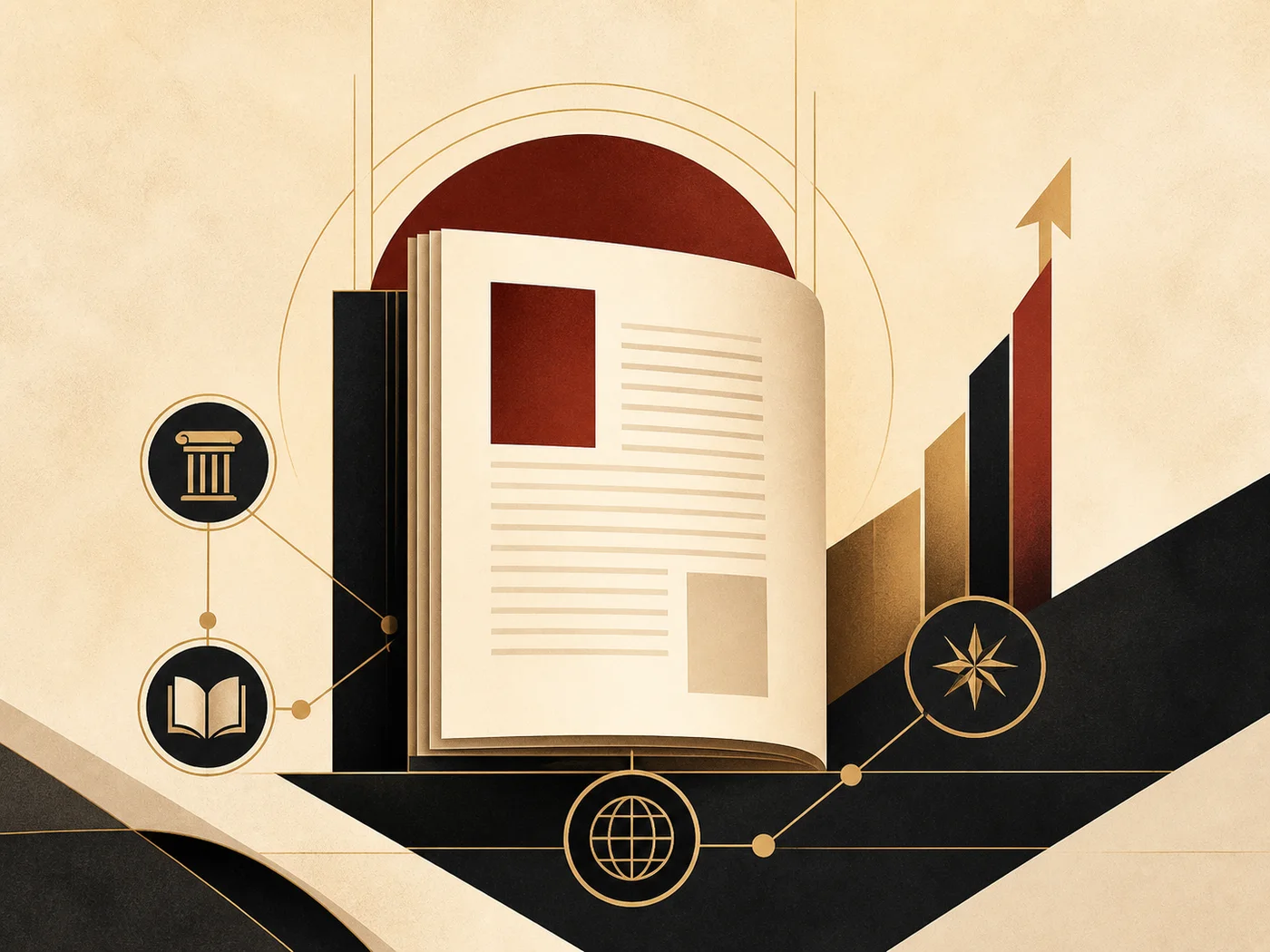 Art Deco illustration of editorial content, references, trust, and upward momentum