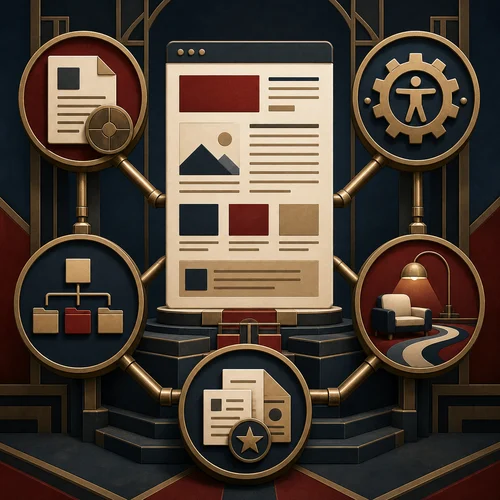Art Deco illustration of a web page supported by content, technical access, site structure, reader experience, and trusted references