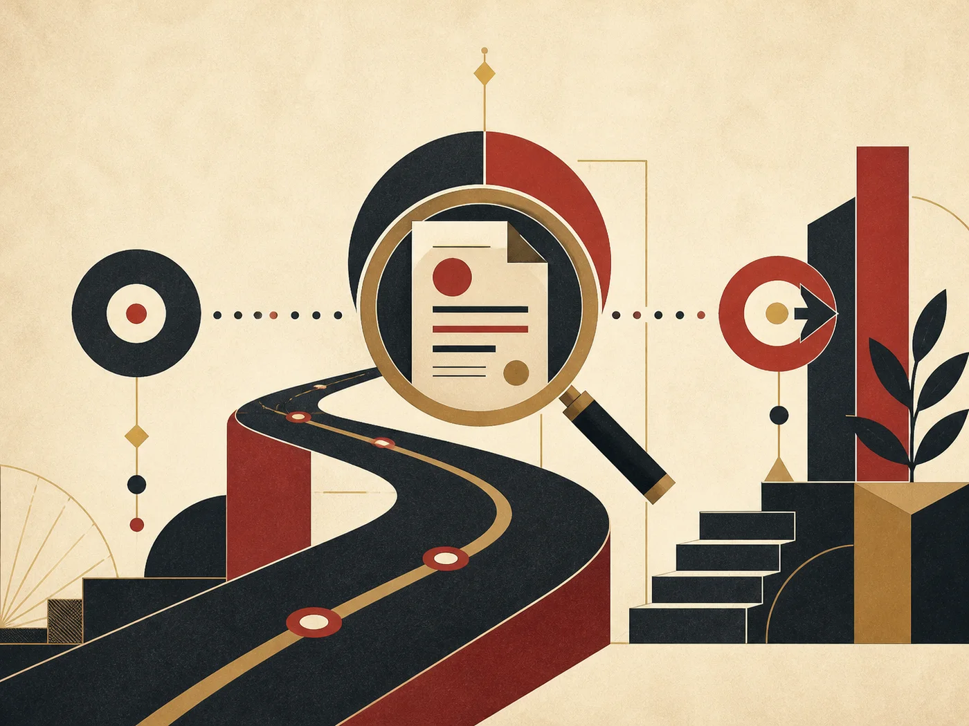 Art Deco illustration of a search path leading to a relevant page and clear action