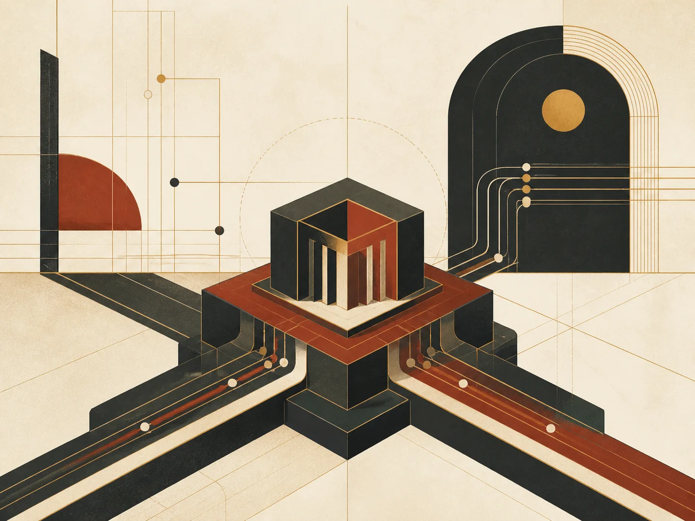 Art Deco illustration of a stable technical SEO foundation and connected pathways
