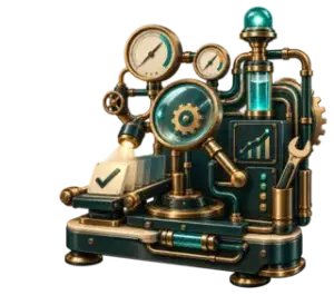 Art Deco service diagnosis machine with gauges, a magnifying lens, connected pipes, a speed dial, a repair wrench, and a teal signal light