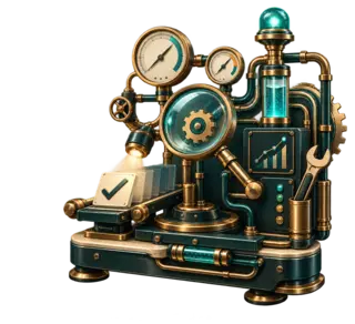 Art Deco service diagnosis machine with gauges, a magnifying lens, connected pipes, a speed dial, a repair wrench, and a teal signal light