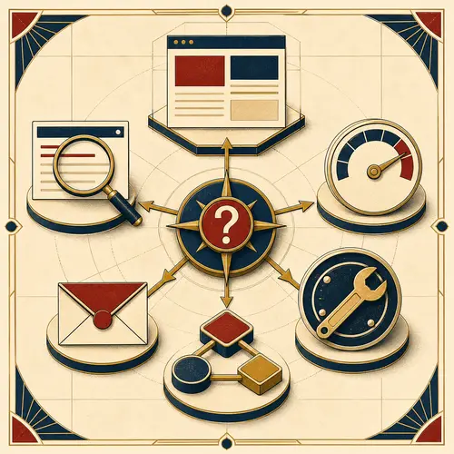 Art Deco-illustrasjon av et tjenestekart som kobler ett forretningsproblem til SEO, web, WordPress, teknikk og KI
