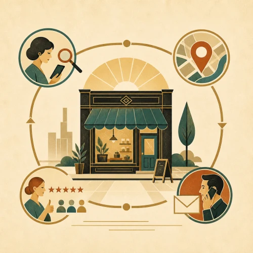 Art Deco illustration of a small storefront becoming findable through a local search, proof, review, and a contact path.