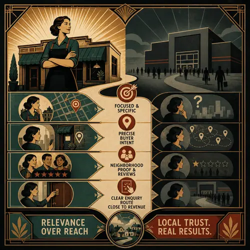 Illustration of a small local business winning specific buyer searches with neighborhood proof and a clear enquiry path