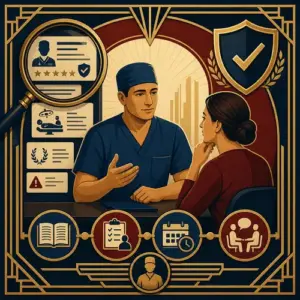 Art Deco illustration of a surgeon and patient reviewing credentials, procedure information, safety, and a consultation path