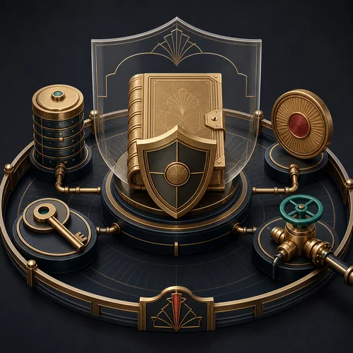Art Deco policy machine with a protected terms ledger, access key, backup cylinder, payment token, and third-party connection valve