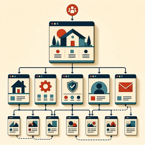 Connected website page panels showing home, services, trust, about, contact, and supporting content