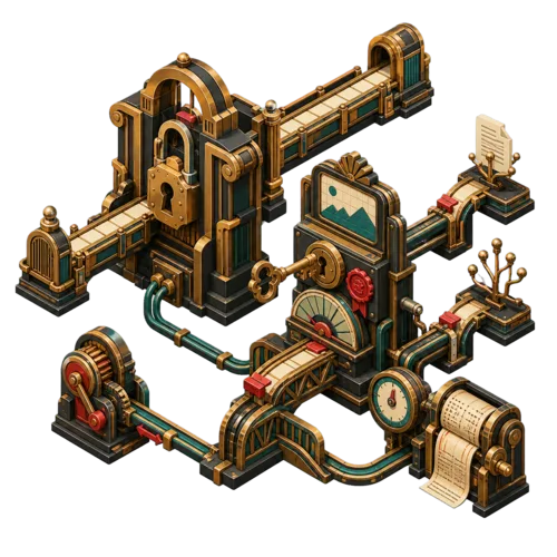 Art Deco industrial URL Change Lockdown machine with a locked public route, a separate preview and confirmation path, a redirect bridge, verification gauge, audit receipt, and rollback gear.
