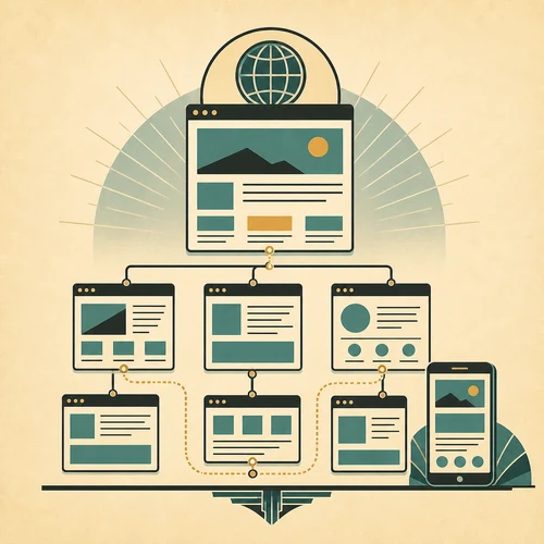 Illustration of a website connecting pages, navigation, and responsive devices