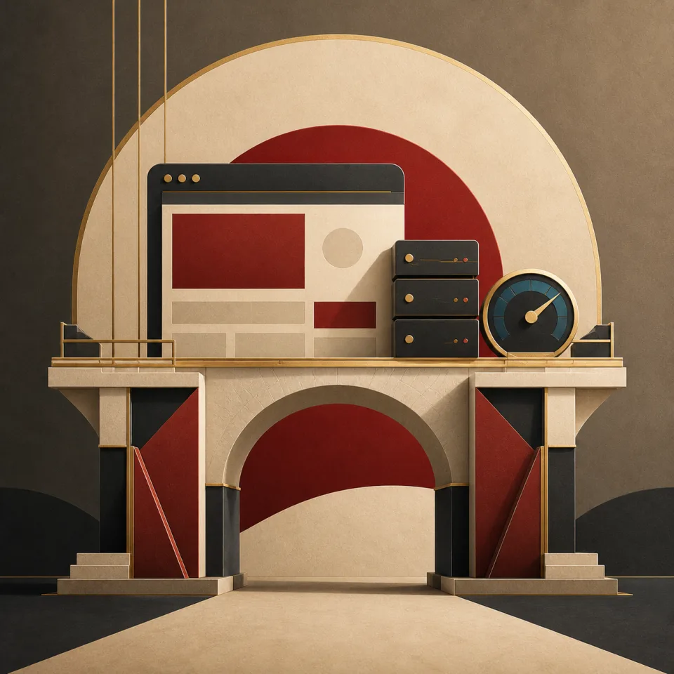 Art Deco illustration of a website supported by a fast and dependable technical foundation
