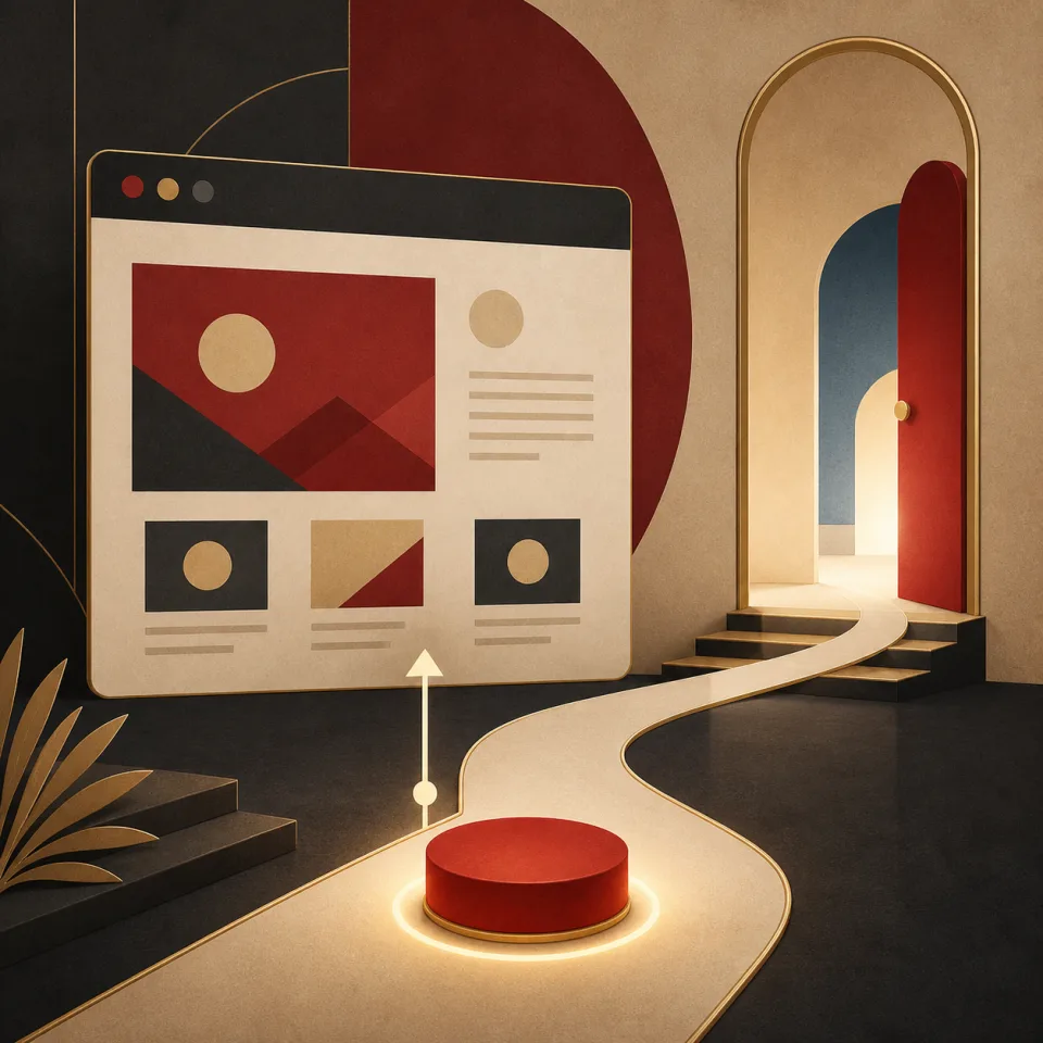 Art Deco illustration of a clear path from a website to an easy next action
