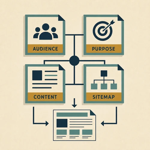 Website planning board connecting audience, purpose, content, and sitemap