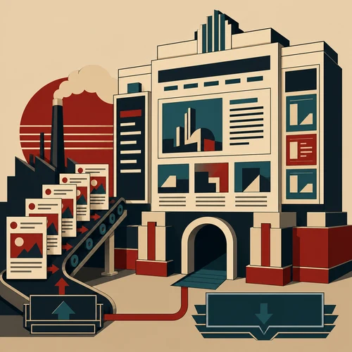 A stylised website building with a stream of illustrated articles.