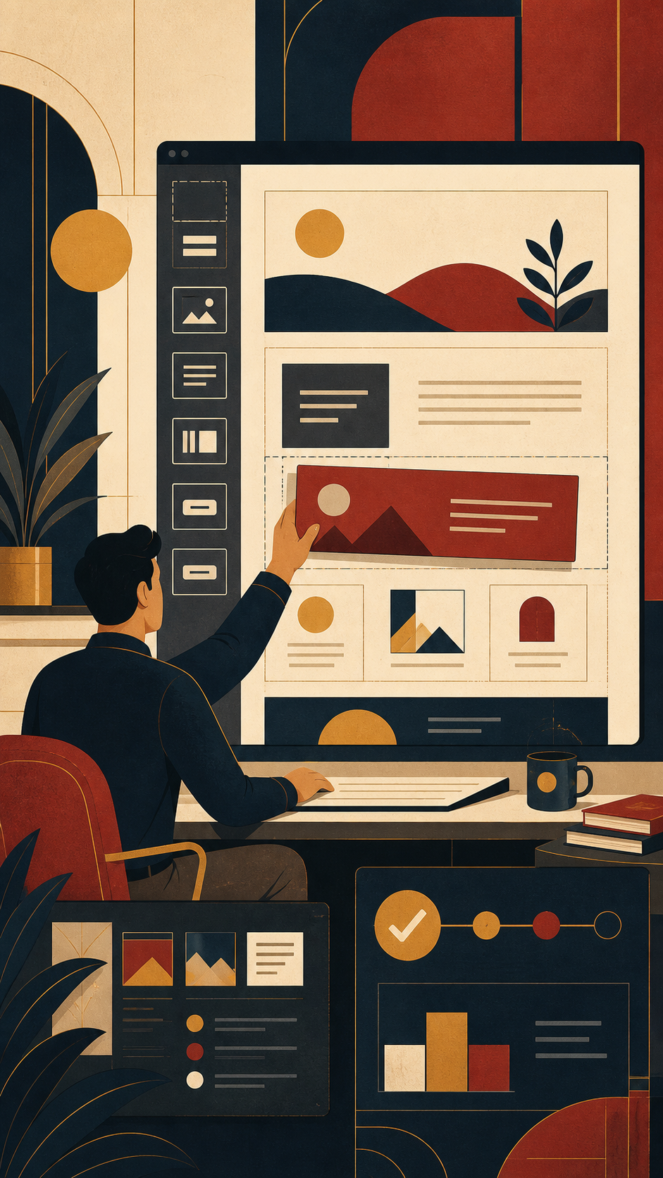 Ilustración editorial de un editor visual de WordPress que organiza bloques de página reutilizables en un formato vertical