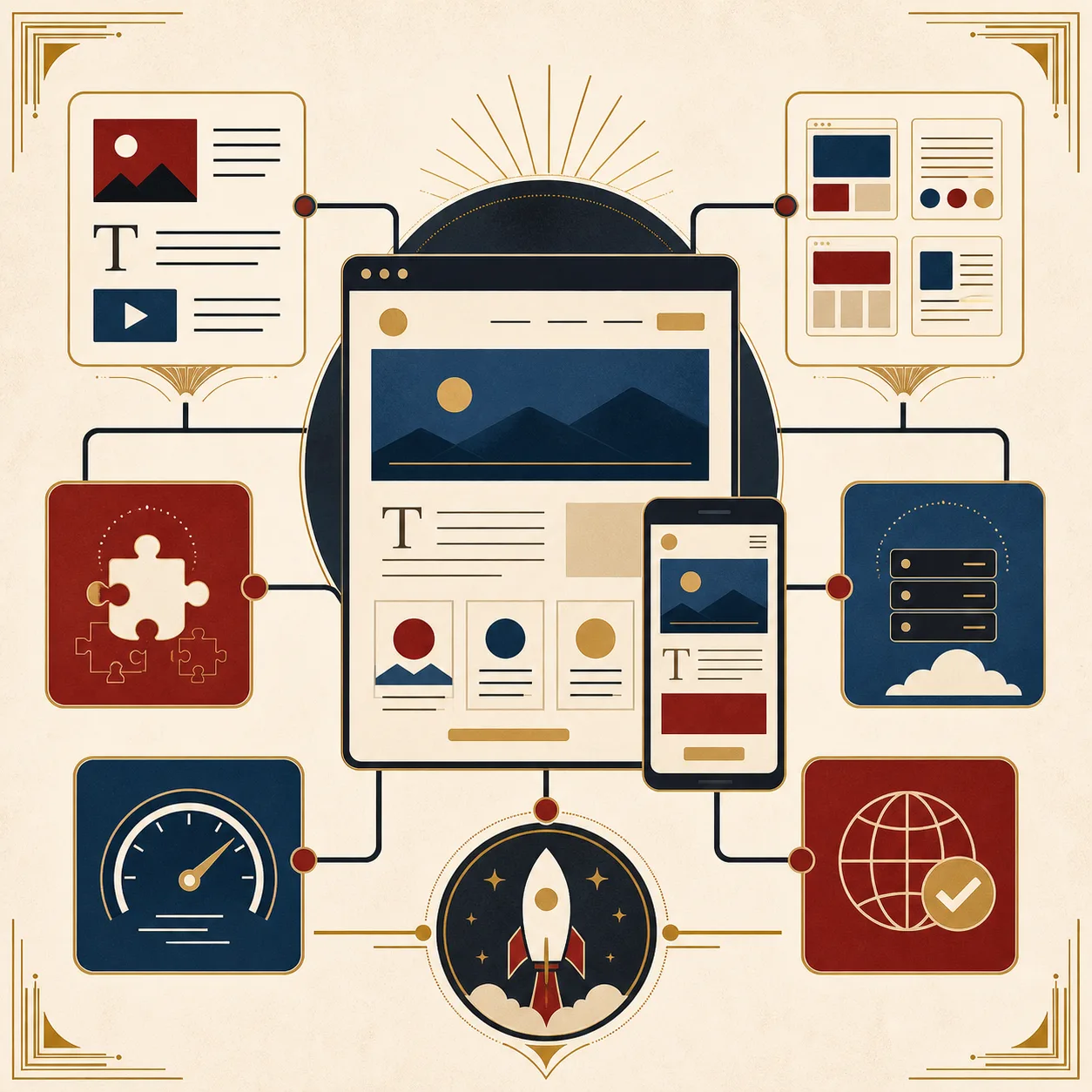 Ilustración editorial de un sitio WordPress que conecta contenido, diseño, extensiones, alojamiento y publicación